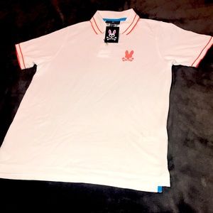 Shirt from psycho bunny size 3 so I guess that’s like a medium color white